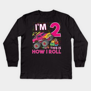 2nd Birthday Monster Truck Party Gift 2 Year Old Girl Kids Long Sleeve T-Shirt